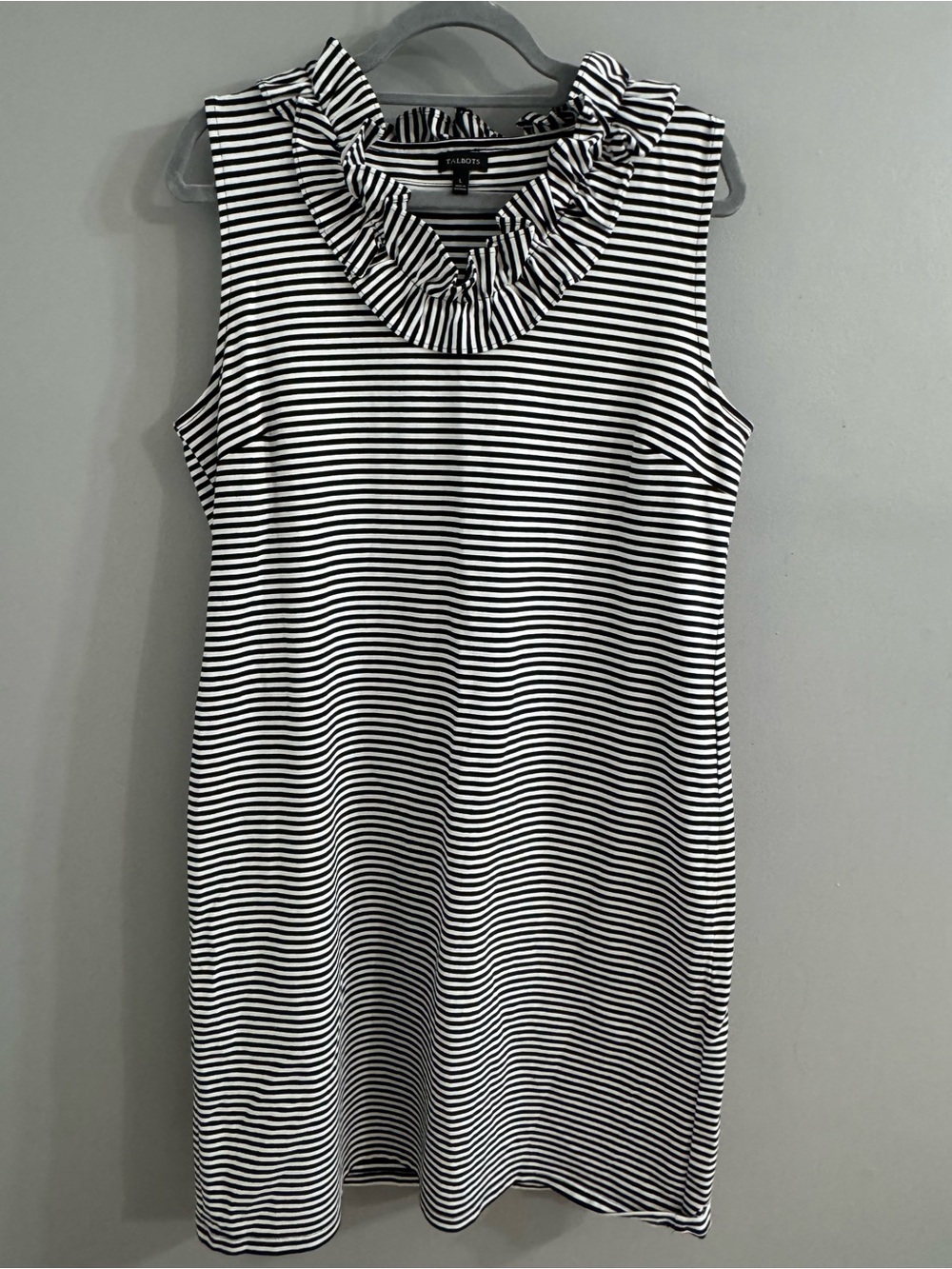 Talbots Black & White Striped Ruffle-Neck Mid Dress - Picture 1 of 4